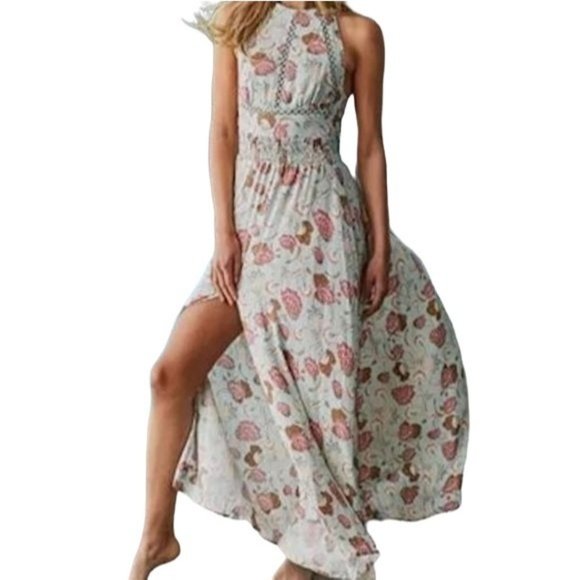 Jaase Endless Summer Blue Green Floral Halter Top Maxi Dress Cutout Back Size M - Picture 1 of 8
